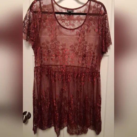 Size 1 (1X) Torrid Babydoll Sheer Lace Short Sleeve Top - Picture 1 of 5